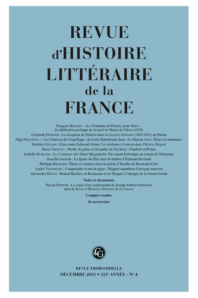 Revue d'Histoire littéraire de la France 4 – 2021, 121e année, n° 4 : 