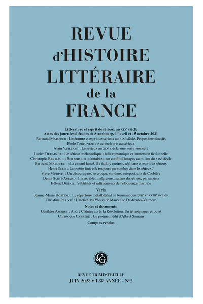 Revue d'Histoire littéraire de la France, n° 2 – 2023 : 