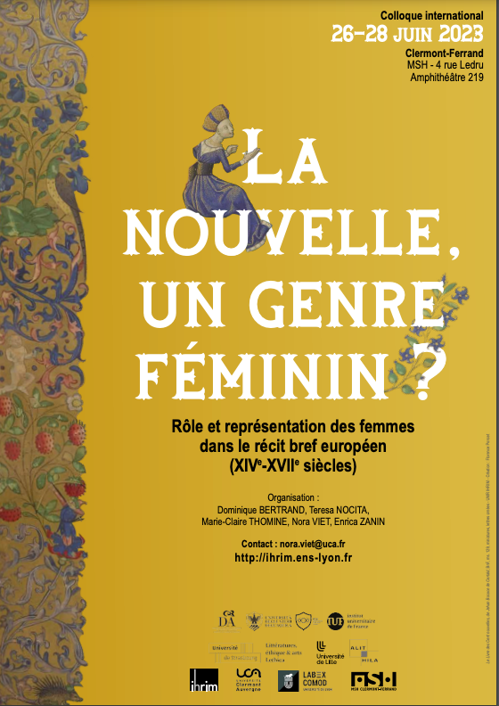 La nouvelle, un genre féminin ? Rôle et représentation des femmes dans le récit bref européen, XIVe-XVIIe s. (Clermont-Ferrand)