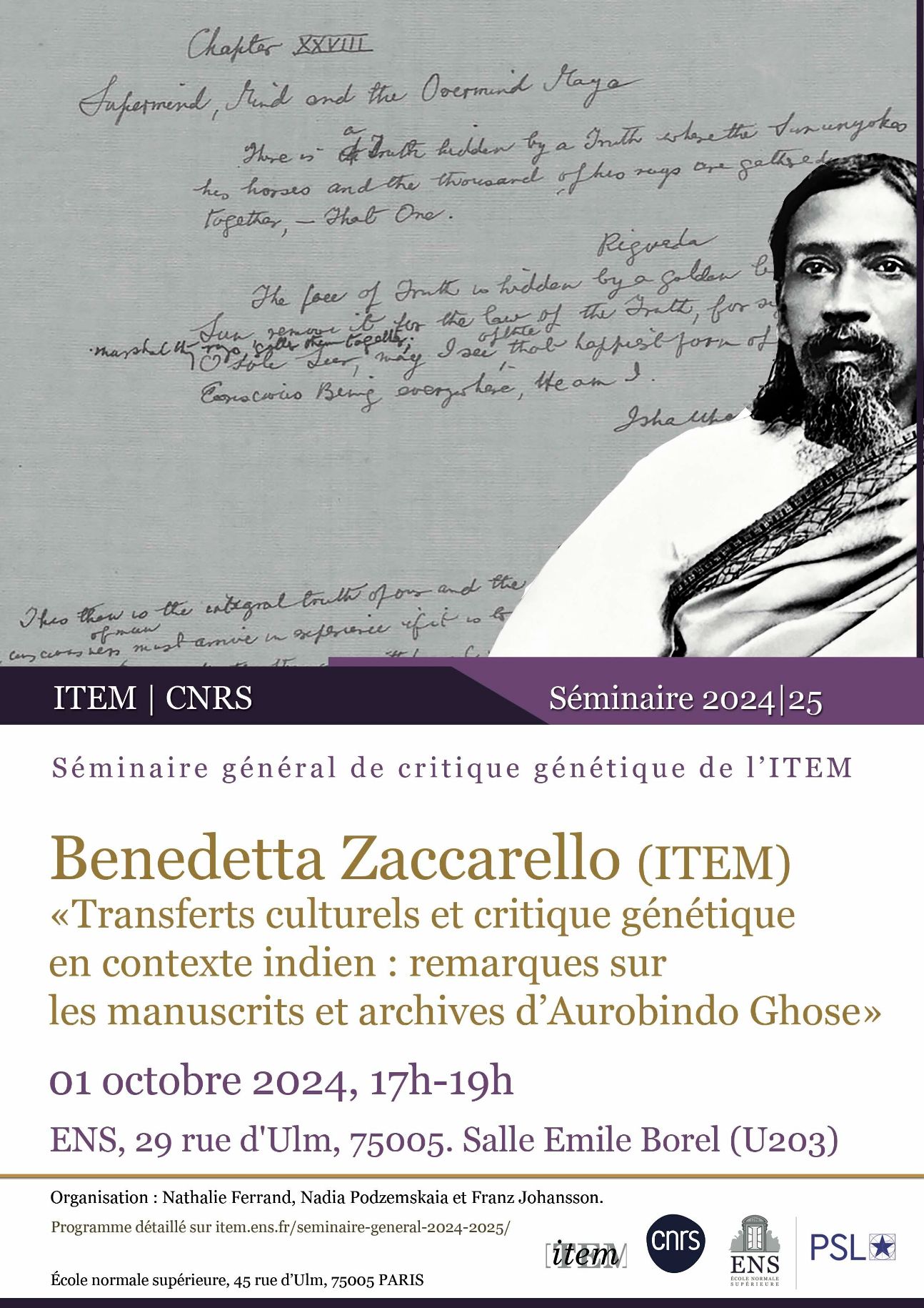 Transferts culturels et critique génétique en contexte indien : remarques sur les manuscrits et archives d’Aurobindo Ghose (ENS, Paris)