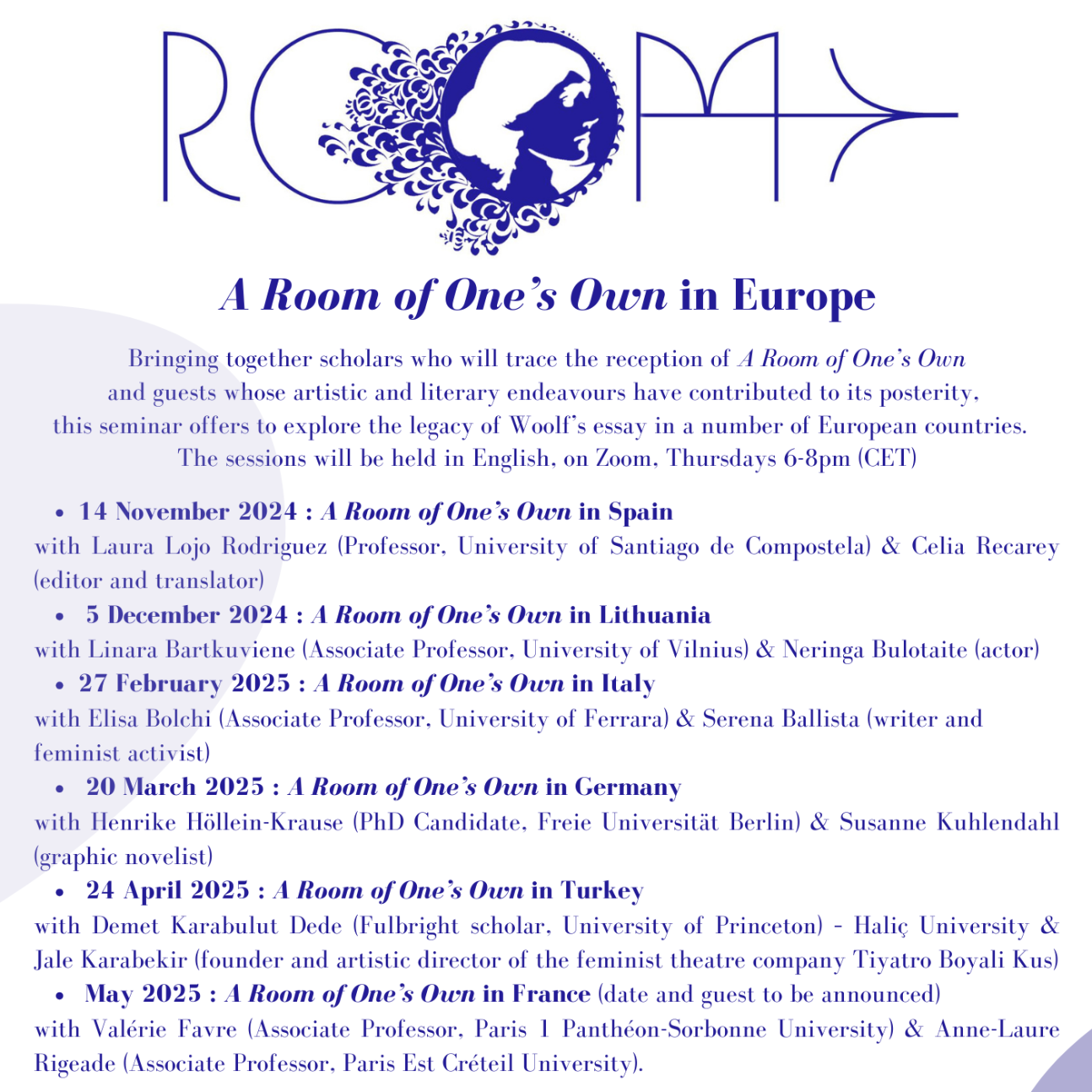 A Room of One’s Own en Europe (cycle de séminaires en ligne)